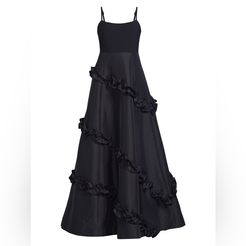 Likely Elegant Black Ruffled A-Line Gown